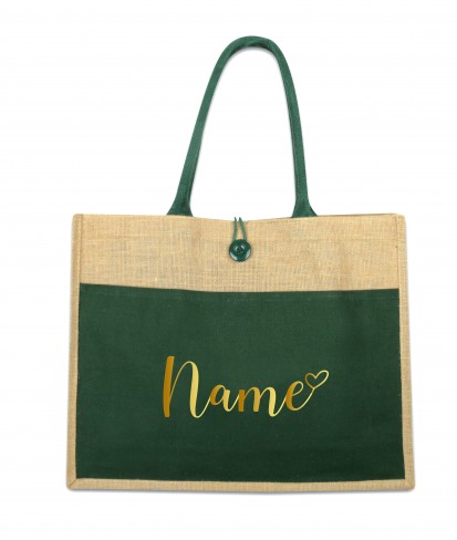 Personalised Jute Bag with Green Canvas Pocket 